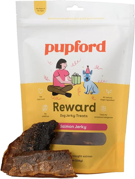 Pupford Salmon Jerky Treats for Dogs for Large & Small Dogs of All Ages | Made in USA, 100% Real Meat & No Fillers | Dogs Love These Tasty Dog Snacks (Salmon 8 oz)