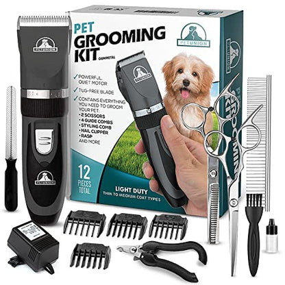 Pet Union Professional Dog Grooming Kit - Cordless Low Noise Dog Clippers for Grooming Thick Coats - All Pet Safe Cat Hair Trimmer - Pet Grooming Kit includes Dog Hair Clippers, Nail Trimmer & Shears