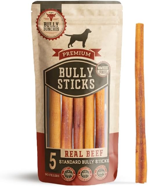 Bully Bunches Premium 12 Inch Standard Odor Free Bully Sticks for Small & Medium Dogs - Long Lasting Chews for Oral Care - Rawhide-Free, All Natural Beef Dog Treats, Packaging May Vary (5 Pk)