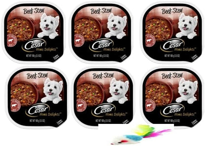 Cesar Home Delights Soft Wet Dog Food Beef Stew, Easy Peel Trays, 3.5 Oz (Pack of 6 with a Mouse Toy)