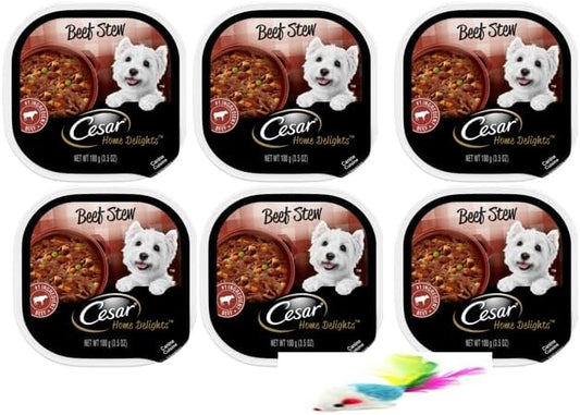 Cesar Home Delights Soft Wet Dog Food Beef Stew, Easy Peel Trays, 3.5 Oz (Pack of 6 with a Mouse Toy)