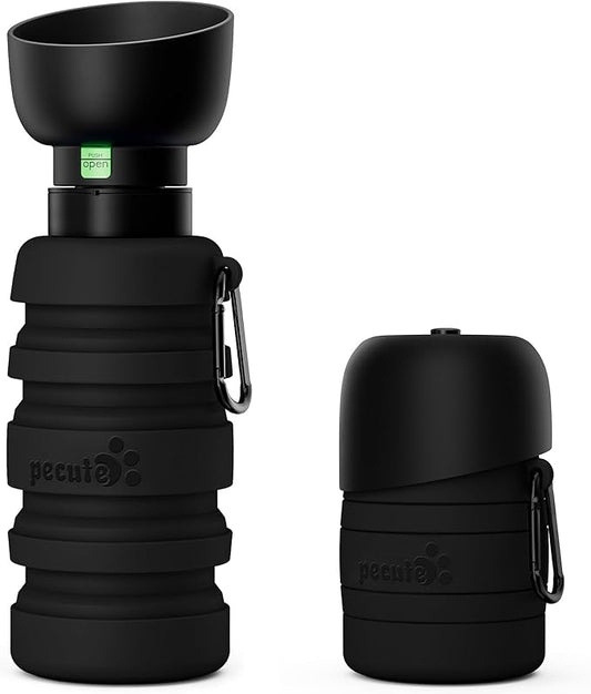 Pecute Dog Water Bottle Portable, 29oz Dog Foldable Water Bottle with Folding Bowl, Carabiner Clip, 5 Levels Capacity, 100% Food Grade Silicone, Dog Water Bottle for Outdoor Walking, Travel (Black)