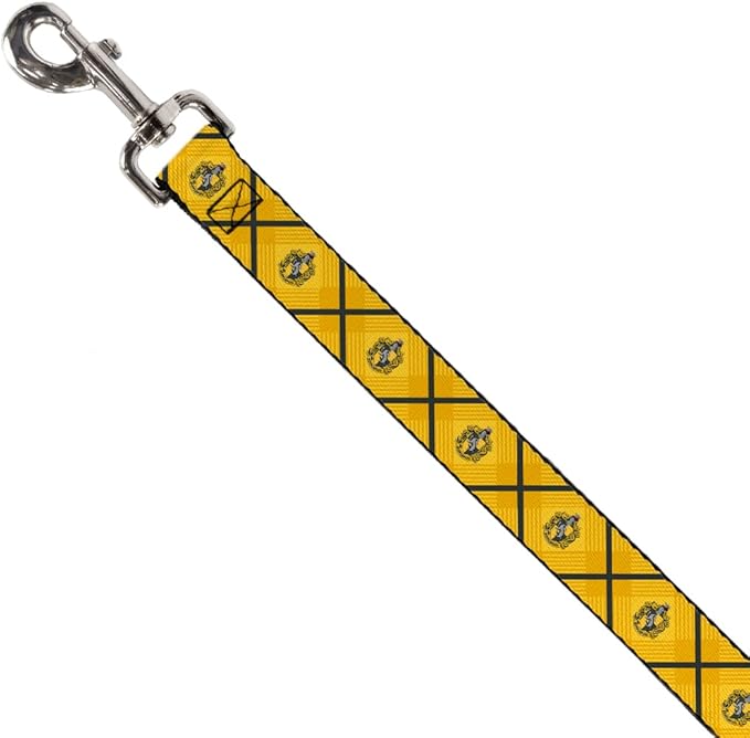 Dog Leash Harry Potter Hufflepuff Crest Plaid Yellows Gray 6 Feet Long 0.5 Inch Wide