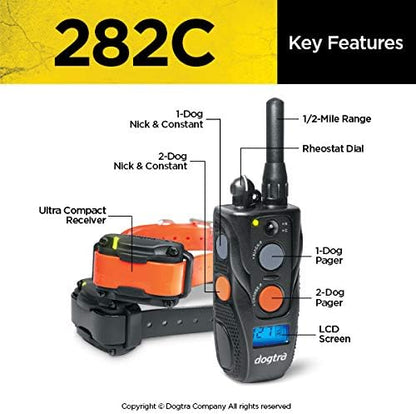 Dogtra 282C Remote Training E-Collar for 2 Dogs - 1/2 Mile Range - 127 Static Stimulation Levels, Vibration, Rechargeable, Waterproof, Electric Dog Collar for Obedience Training of Small, Medium Dogs
