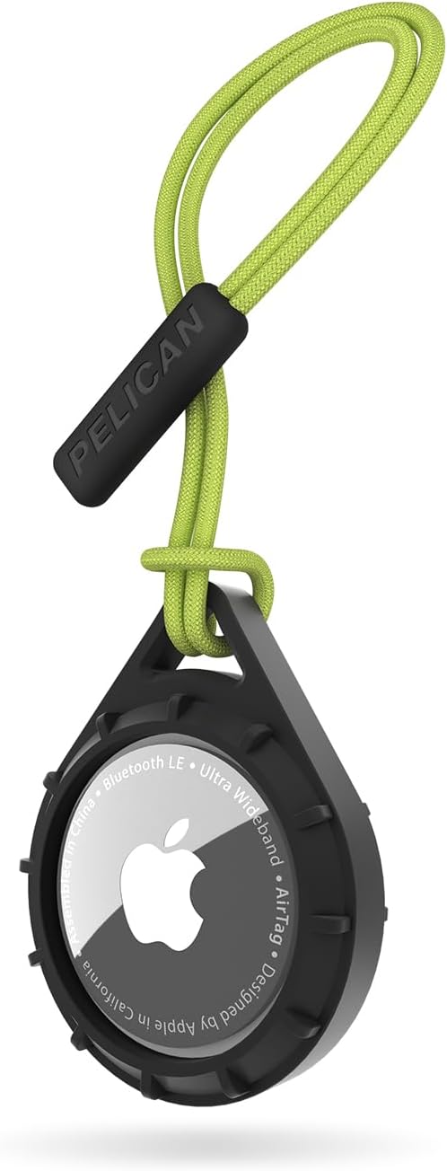 Pelican Protector AirTag Holder - AirTag Keychain w/ Rugged Strap Loop [Impact Resistant] [Travel Essentials] - Protective Apple AirTag Case for Dog Collar, Backpack ,Keys ,Luggage -Black/Yellow