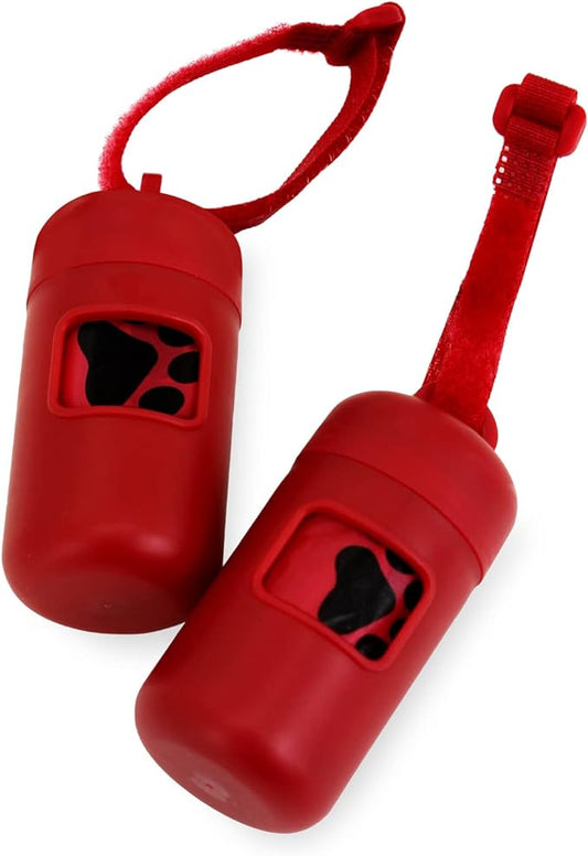 Best Pet Supplies Dog Poop Bag Holder Leash Attachment with 30 Bags, Reusable Dispenser for Travel, Walking, Park, and Outdoor Use, Durable with Clip-On - Red, Pack of 2