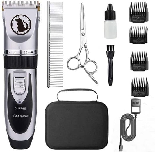 Ceenwes Dog Clippers with Storage Case, Low Noise Pet Clippers, Rechargeable Trimmer, Cordless Grooming Tool, Professional Hair Trimmer for Dogs, Cats & Others, Silver