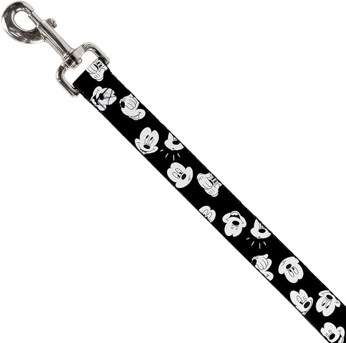 Buckle-Down Pet Leash - Mickey Mouse Expressions Scattered Black/White - 6 Feet Long - 1.5" Wide