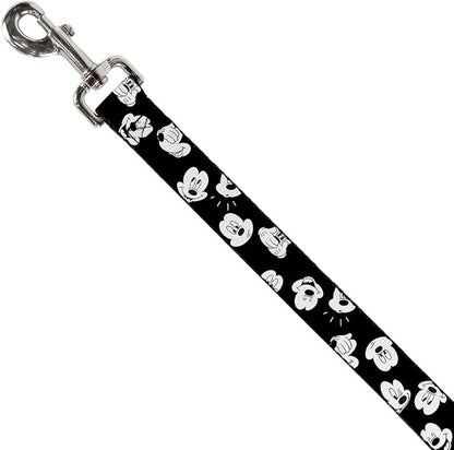 Buckle-Down Pet Leash - Mickey Mouse Expressions Scattered Black/White - 4 Feet Long - 1/2" Wide