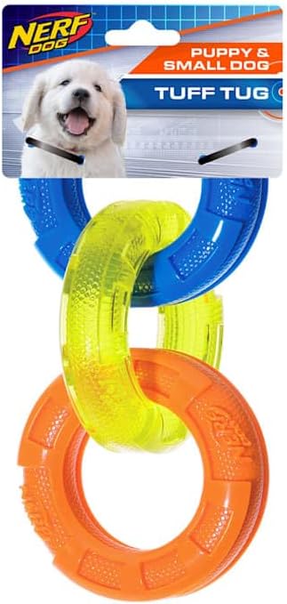 Nerf Dog 7.5in Rubber 3-Ring Tug Dog Toy, Lightweight, Durable and Water Resistant Dog Toy for Small Dogs, Single Unit, Blue/Green/Orange