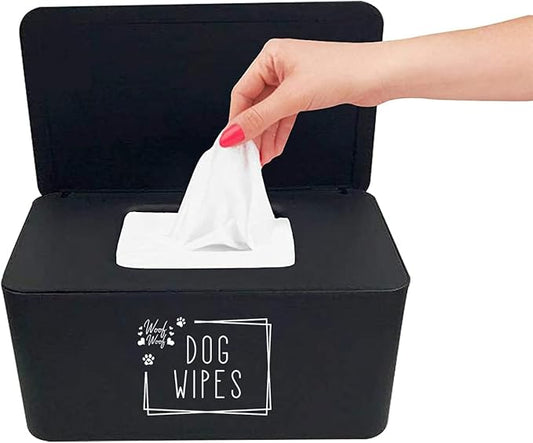 Woof Woof Dog Wipes Dispenser,Upgarde Size(8.2L x 4.9W x 3.9H inches),Dog Paw Butt Wipes Container Storage Box Pet Doggie Grooming Wet Wipes Holder (Dog Wipes(Black))