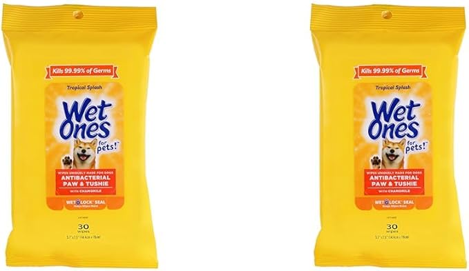 Wet Ones for Pets Paw & Tushie Dog Wipes with Chamomile Dog Wipes for All Dogs in Tropical Splash Scent, Wipes with Wet Lock Seal Pouch Dog Paw Wipes (Pack of 2, 30 Count Total)