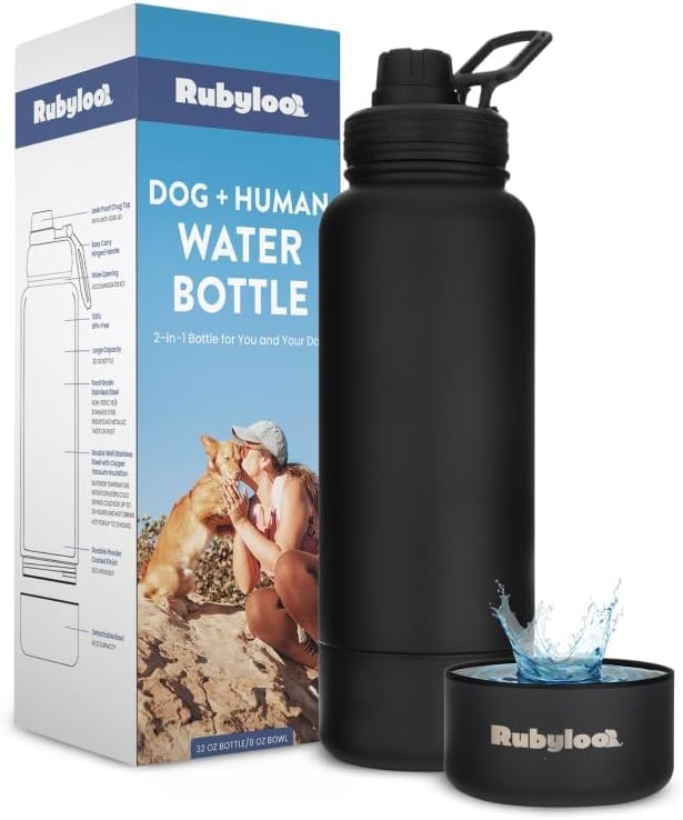 Dog Water Bottle for Dog Lovers - 32 oz Stainless Steel Double Wall Insulated Water Bottle with 8 oz Attached Dog Bowl - Dog Mom Gifts for Women for Travel, Hiking & Everyday Adventures - Black