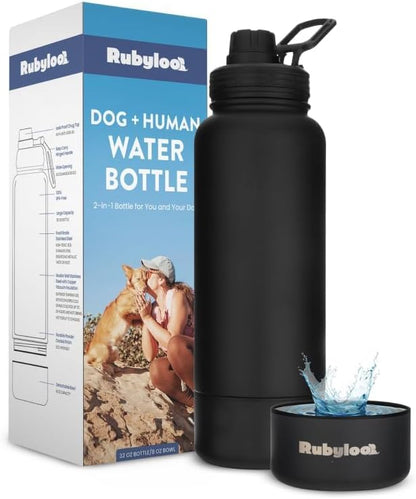 Dog Water Bottle for Dog Lovers - 32 oz Stainless Steel Double Wall Insulated Water Bottle with 8 oz Attached Dog Bowl - Dog Mom Gifts for Women for Travel, Hiking & Everyday Adventures - Black