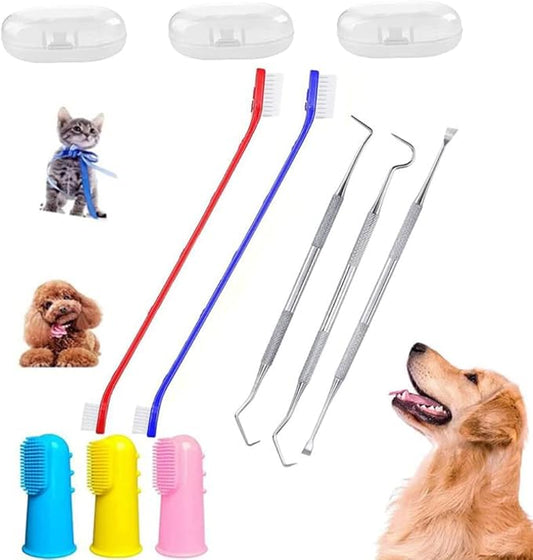 8 Pack Dog Teeth Cleaning Tools Plaque Remover, Dog Tooth Brushing Kit Include 3 Different Stainless Steel Dog Tooth Scraper and 2 Dog Toothbrush and 3 Dog Finger Toothbrush