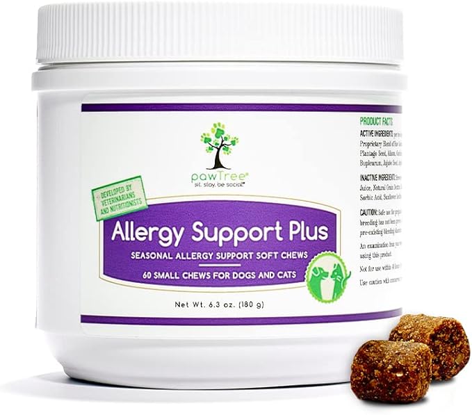 pawTree Natural Allergy Support Plus for Dogs-Ideal for Itching, Irritated Skin, Seasonal and Food Allergies, Hot Spots. Supplement your pet will love. Small Chews for Pets - 60 Count (Small)