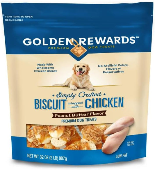 Golden Rewards Premium Dog Treats Jerky 32oz w/B0ACQUEÑ0 (M) Dog Bandana (32oz, Peanut Butter Flavor Biscuit)