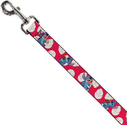 Dog Leash Lilo Stitch 2 Eating Poses Lilo Dress Leaves Red Ivory 6 Feet Long 1.0 Inch Wide