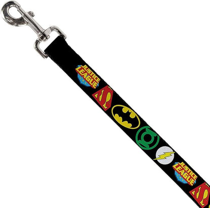 Buckle-Down Dog Leash Justice League Superhero Logos Close Up Black 6 Feet Long 1.0 Inch Wide, Multicolor (DL-6FT-WJL011)