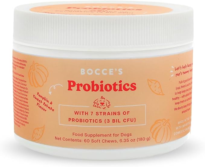 Bocce's Bakery Probiotic Supplement for Dogs, Daily Chews, Made in The USA with with 7 Strains of Probiotics, Supports Digestion, Pumpkin & Sweet Potato, 60 ct, Orange (DG-SP-PRO60)