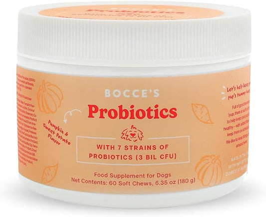 Bocce's Bakery Probiotic Supplement for Dogs, Daily Chews, Made in The USA with with 7 Strains of Probiotics, Supports Digestion, Pumpkin & Sweet Potato, 60 ct, Orange (DG-SP-PRO60)