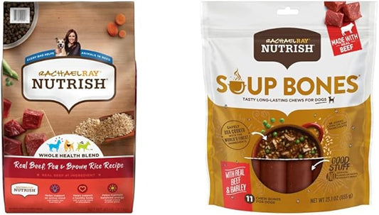 Nutrish Rachael Ray Beef, Pea & Brown Rice 40 Pounds Dry Dog Food (Packaging May Vary) + Beef Recipe 11 Count Soup Bones Bundle