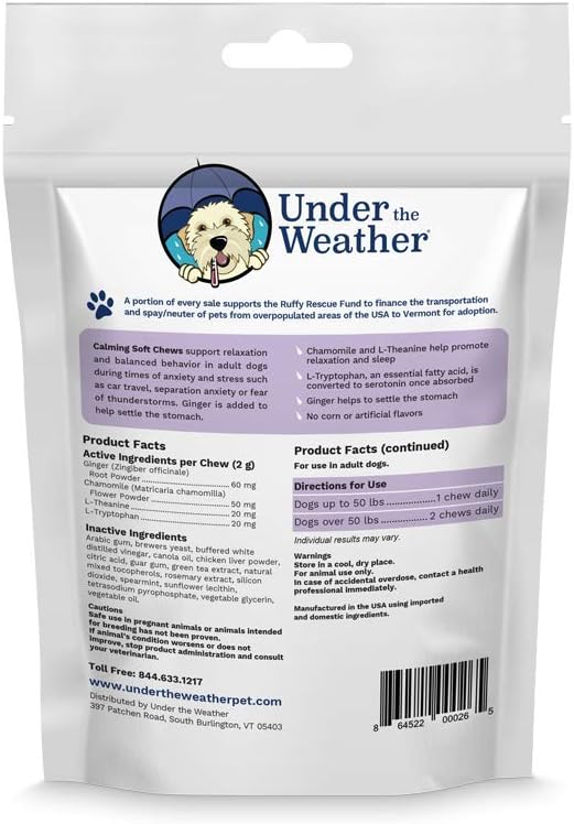 Under the Weather Pet Soft Dog Chew Supplements for Calming and Probiotics | Supports Relaxation and Normal Emotional Balance in Dogs (Calming, 60 Count)
