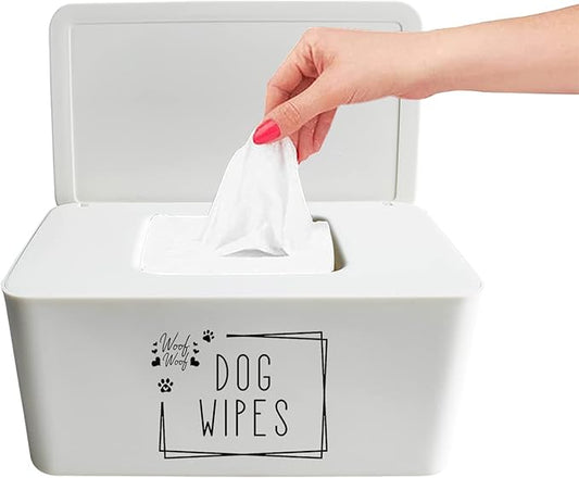 Woof Woof Dog Wipes Dispenser,Upgarde Size(8.2L x 4.9W x 3.9H inches),Dog Paw Butt Wipes Container Storage Box Pet Doggie Grooming Wet Wipes Holder (Dog Wipes(White))