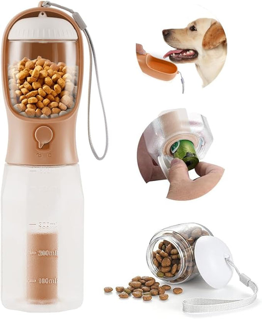 Dog Water Bottle 3 in 1, Leak Proof Portable Pet Water Bottle with Food Container & Poop Bag Dispenser, Water Dispenser for Dog, Puppy for Walking, Hiking, Camping, Travel (20oz Orange Pink)