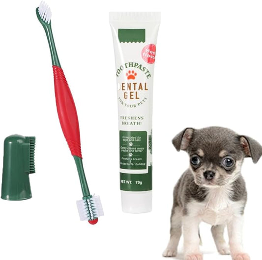 ITODA 3-Piece Dog Toothbrush Kit, 2 Pack Tooth Brushing Pet Cat Teeth Cleaning Oral Dental Care Fresh Breath Brush Set with Toothbrush Toothpaste Fingerbrush for Puppy Small Medium Dogs - Beef Flavor