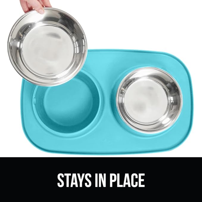 Gorilla Grip 100% Waterproof BPA Free Cat and Dog Bowls Silicone Feeding Mat Set, Stainless Steel Bowl Slip Resistant Raised Edges, Catch Water, Food Mess, No Spills, Pet Accessories, 2 Cup, Turquoise