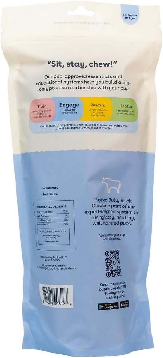 Pupford Thick Bully Sticks for Dogs & Puppies, Smoked for Improved Smell, Natural, Long-Lasting, Single Ingredient Chews for Medium & Large Breeds (12", 10 Count)