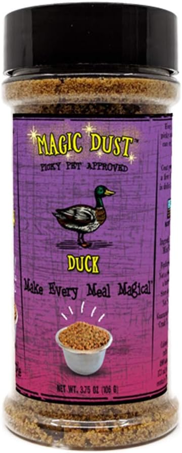 Wild Meadow Farms - Magic Dust Duck Jerky Topper, Single Protein Pet Food Topper for Dogs & Cats, Enhance Flavor & Elevate Mealtime Excitement for Picky Eaters - 3.5 Ounce Bottle in Duck Flavor