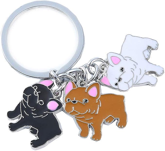 Dog Keychain, Pet Pendant Key-Ring, Cute Puppy ID Tags Metal Key Ring for Dog Lover (French Bulldog Three Color)