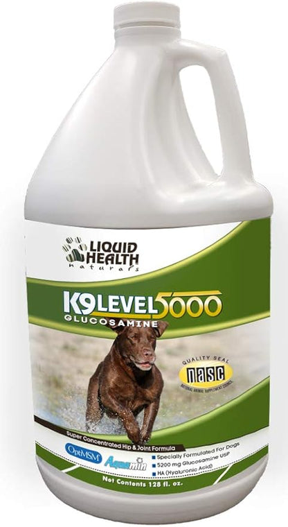 LIQUIDHEALTH 128 Oz K9 Liquid Glucosamine Level 5000 for Dogs, Large Dogs and Breeds - Chondroitin, MSM, – Joint Health Supplements, Dog Vitamins Hip Joint Juice, Dog Joint Oil - 1 Gallon