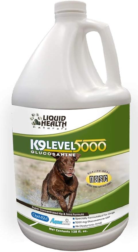 LIQUIDHEALTH 128 Oz K9 Liquid Glucosamine Level 5000 for Dogs, Large Dogs and Breeds - Chondroitin, MSM, – Joint Health Supplements, Dog Vitamins Hip Joint Juice, Dog Joint Oil - 1 Gallon