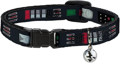 Star Wars Cat Collar, Breakaway Collar with Bell, Star Wars Darth Vader Utility Belt Bounding Black Grays Reds, 8.5 to 12 Inches 0.5 Inch Wide