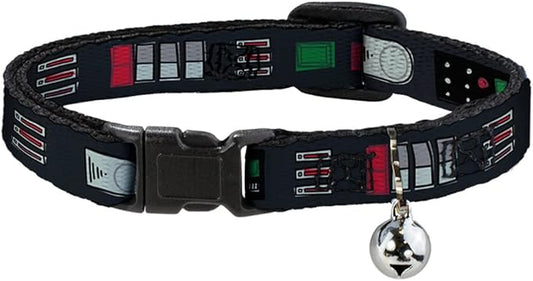 Star Wars Cat Collar, Breakaway Collar with Bell, Star Wars Darth Vader Utility Belt Bounding Black Grays Reds, 8.5 to 12 Inches 0.5 Inch Wide