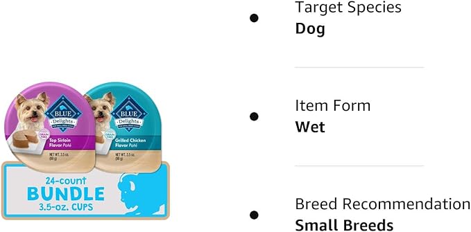 Blue Buffalo Delights Natural Adult Small Breed Wet Dog Food Cups, Pate Style, Grilled Chicken & Top Sirloin 3.5-oz (24 Count - 12 of Each Flavor)