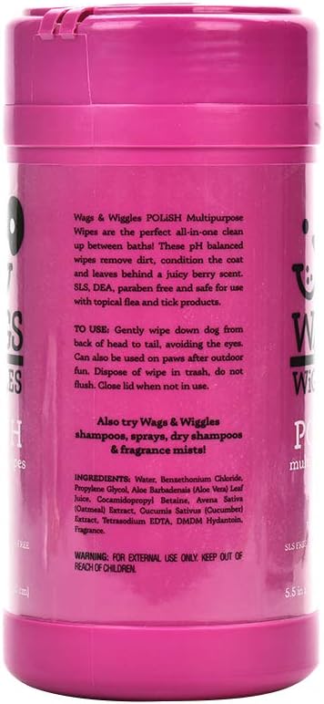 Wags & Wiggles Polish Multipurpose Wipes for Dogs | Clean & Condition Your Dog's Coat Without A Full Bath | 50 Count Dog Wipes in Very Berry Scent Dogs Love