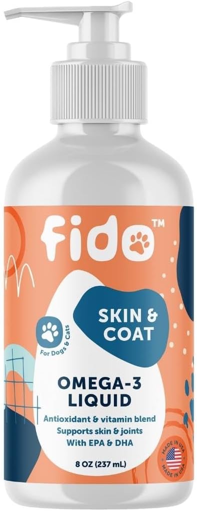 Fido Omega 3 Fish Oil for Dogs, 8 oz | EPA & DHA-Enriched for Skin, Coat, Joint & Heart Health | Tasty Supplement for All Breeds | Made in USA | Ideal for Sensitive Skin