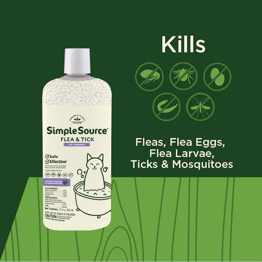SimpleSource® Flea & Tick Shampoo for Cats, Powered by Plants, Kills Fleas, Flea Eggs, Flea Larvae, Ticks, & Mosquitos, Cleans & Deodorizes, 12oz Bottle