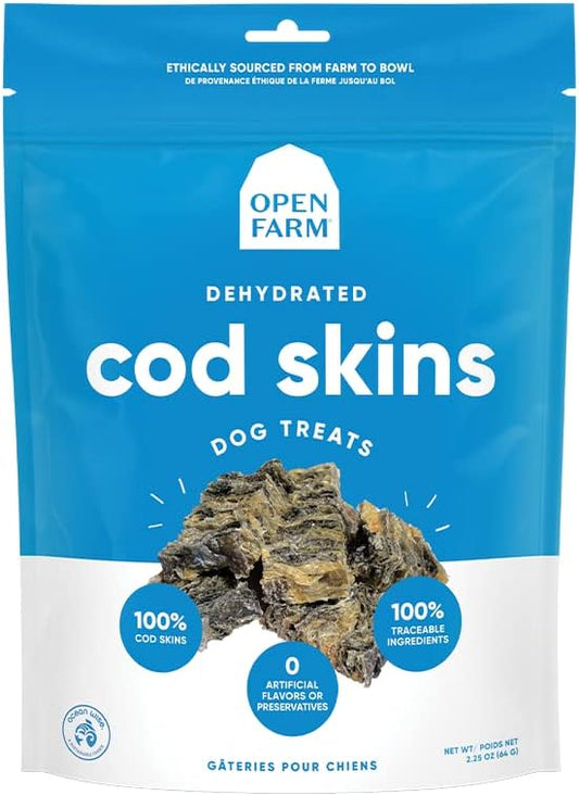 Open Farm Dehydrated Cod Skin Grain-Free Dog Treats, One-Ingredient Gently Cooked Pacific Fish Recipe with No Artificial Flavors or Preservatives, 2.25 oz