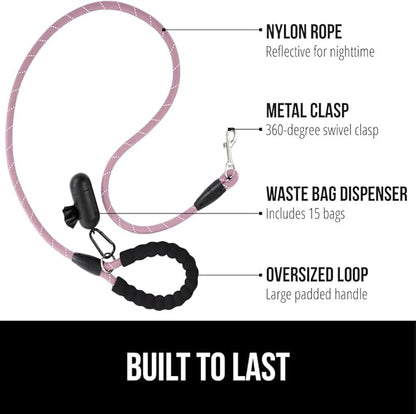 Gorilla Grip Heavy Duty Dog Leash, Soft Handle, Strong Reflective Rope for Night Pet Walking, Small Medium Large Animals, Durable Puppy Training Leashes, Rotating Metal Clip, Waste Bag Dispenser, Pink