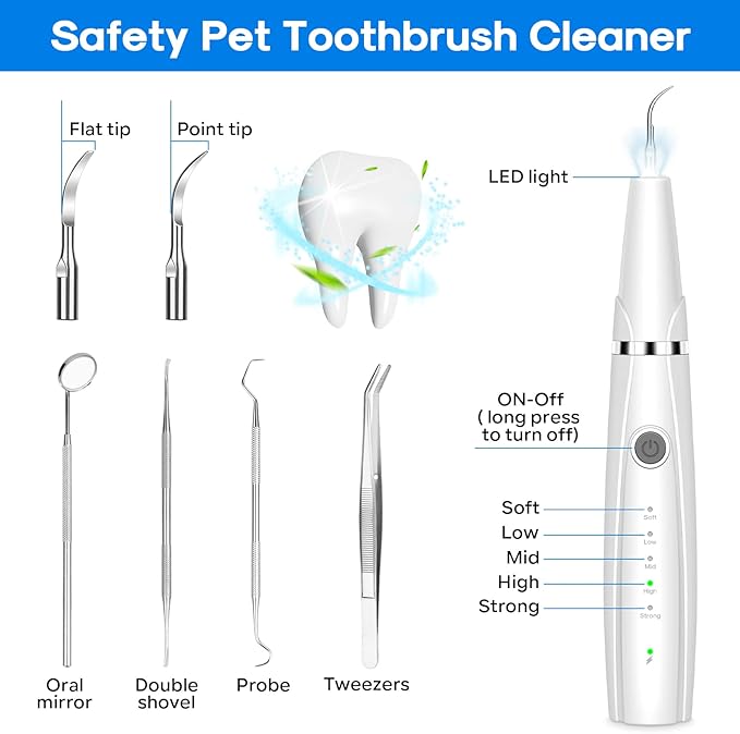 Dog Teeth Cleaning Kit for Pet Teeth Cleaning, Dog Plaque Remover for Teeth, 5 Modes Dog Tartar Remover for Teeth Care to Remove Stains Calculus, 10 in 1 Pet Cleaner Toothbrush (White)
