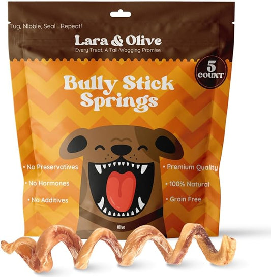 Lara & Olive 7"-9" Bully Stick Springs for Dogs | Rawhide Free | 100% Beef | Single Ingredient Chew Treat Bones | Fully Digestible | Odorless | 5 Pack