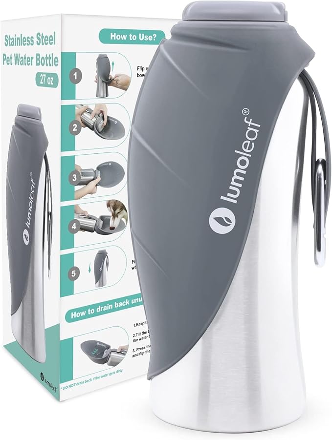 LumoLeaf Portable Dog Water Bottle 27 OZ, Stainless Steel Pet Travel Water Bottle Dispenser for Walking, Hiking and Outdoor, Portable Water Bowl for Large Dogs (Grey)