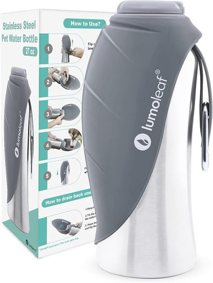 LumoLeaf Portable Dog Water Bottle 27 OZ, Stainless Steel Pet Travel Water Bottle Dispenser for Walking, Hiking and Outdoor, Portable Water Bowl for Large Dogs (Grey)