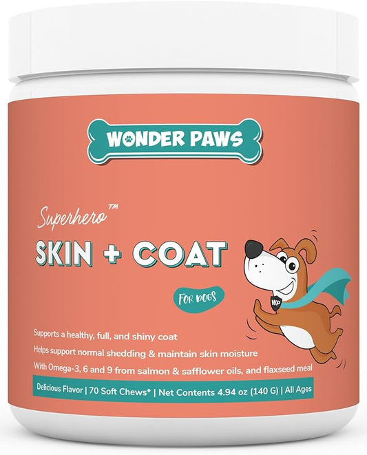 Skin & Coat Supplement for Dogs with Salmon Oil, Omega 3 & 6, EPA & DHA, Promotes Healthy Skin and Coat, Itchy Relief, Joint and Overall Health, Delicious Flavor, 70 skin & coat Soft Chews