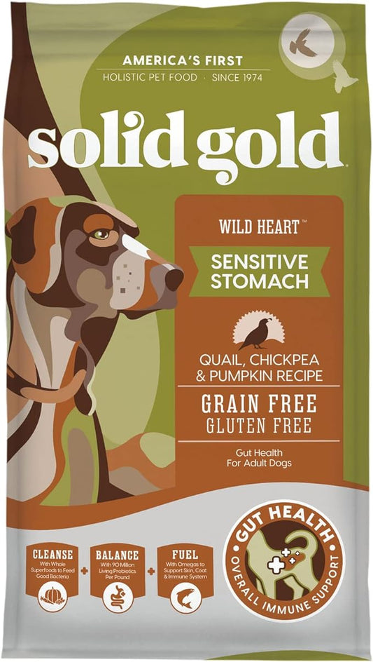 Solid Gold Sensitive Stomach Dog Food for Adult & Senior Dogs - Made with Real Quail, Chickpea & Pumpkin - Wild Heart Grain Free Dry Dog Food for Digestive Health and Immune Support